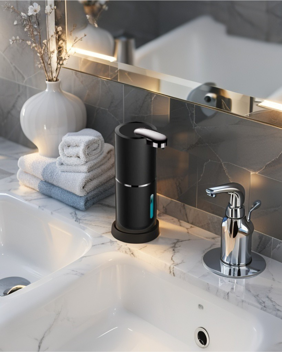 Automatic Soap Dispenser – A smart foam dispenser with a sleek modern design, featuring USB charging for convenience.