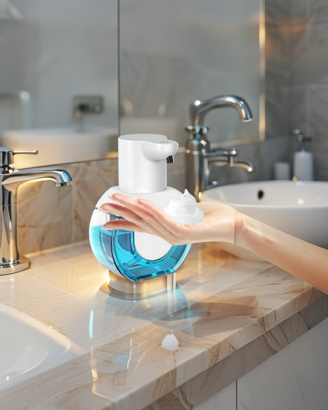 Automatic Soap Dispenser – A smart foam dispenser with a sleek modern design, featuring USB charging for convenience.