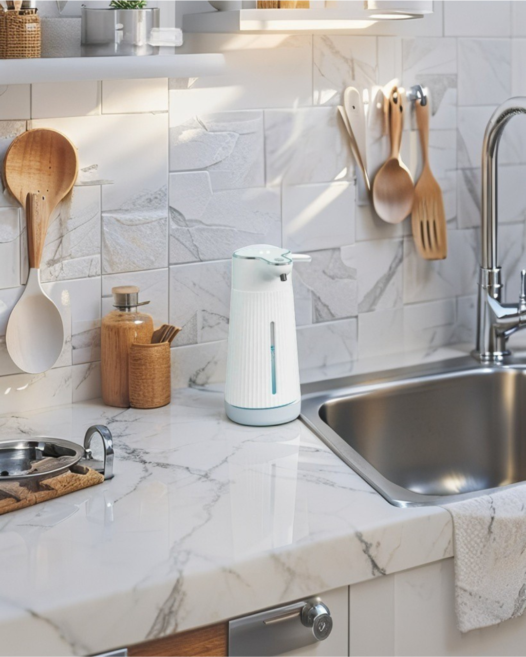 Automatic Soap Dispenser – A smart foam dispenser with a sleek modern design, featuring USB charging for convenience.