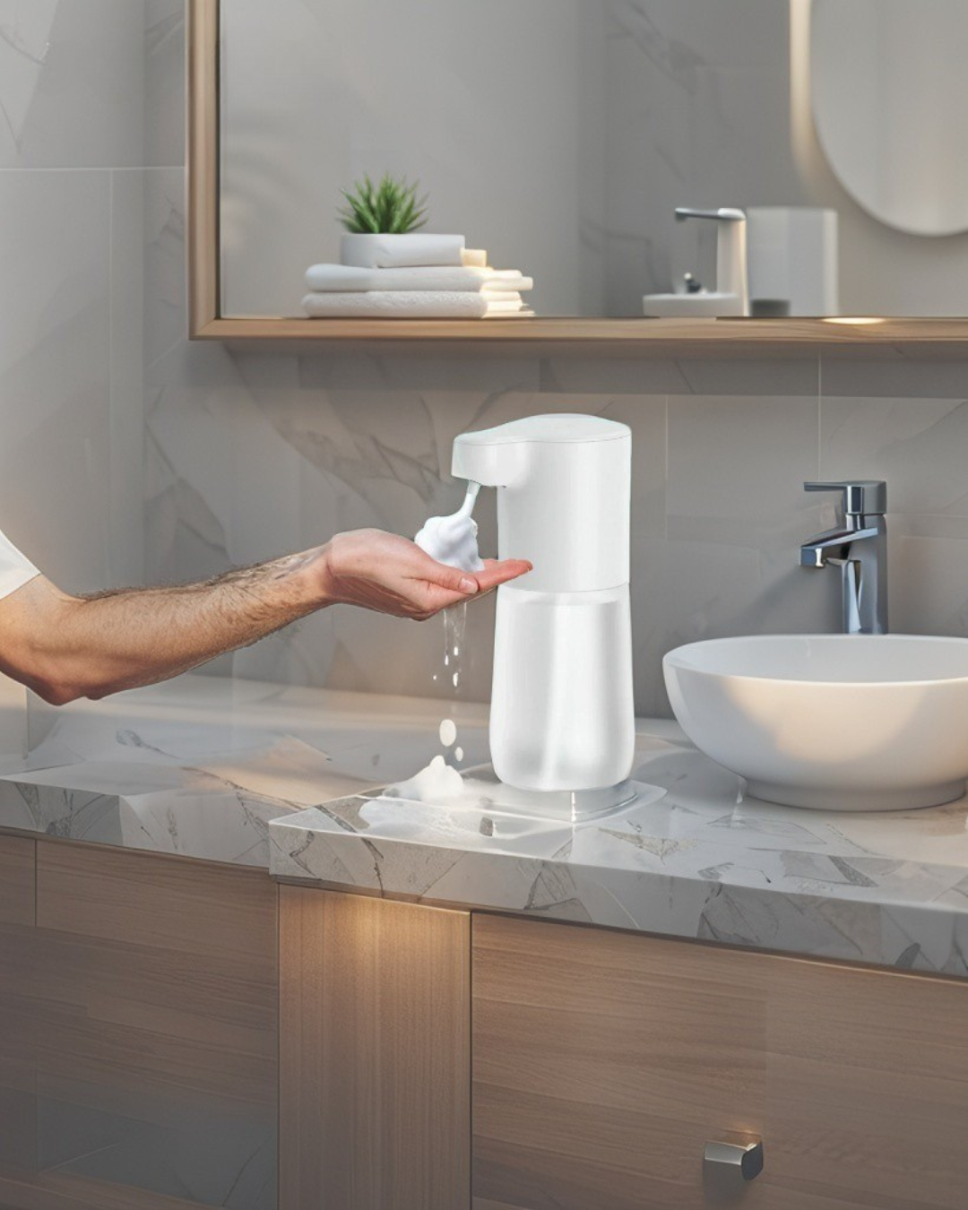 Automatic Soap Dispenser – A smart foam dispenser with a sleek modern design, featuring USB charging for convenience.