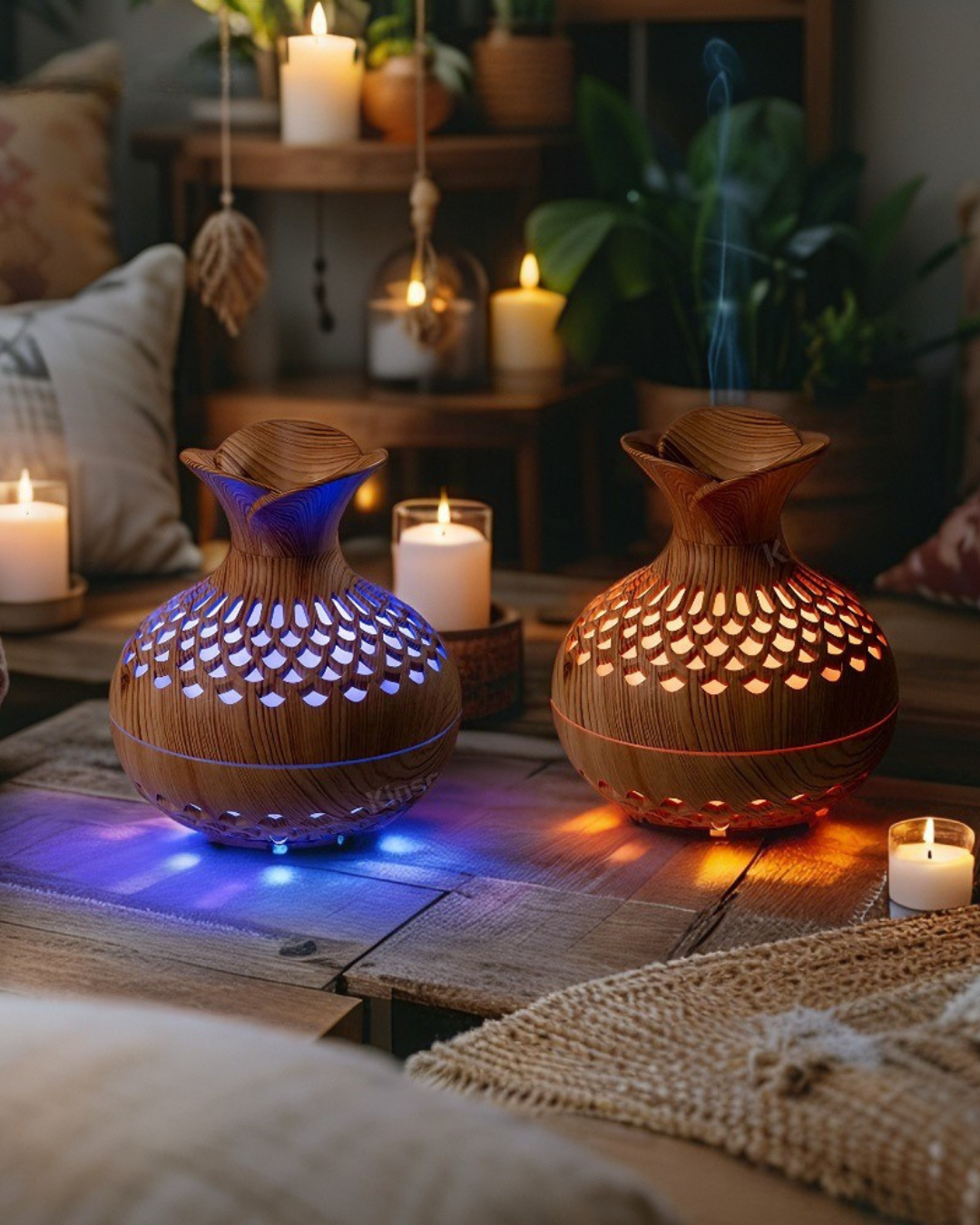 Diffuseur d'aromathérapie portable en bois – Humidificateur à ultrasons 300 ml avec lampe RVB