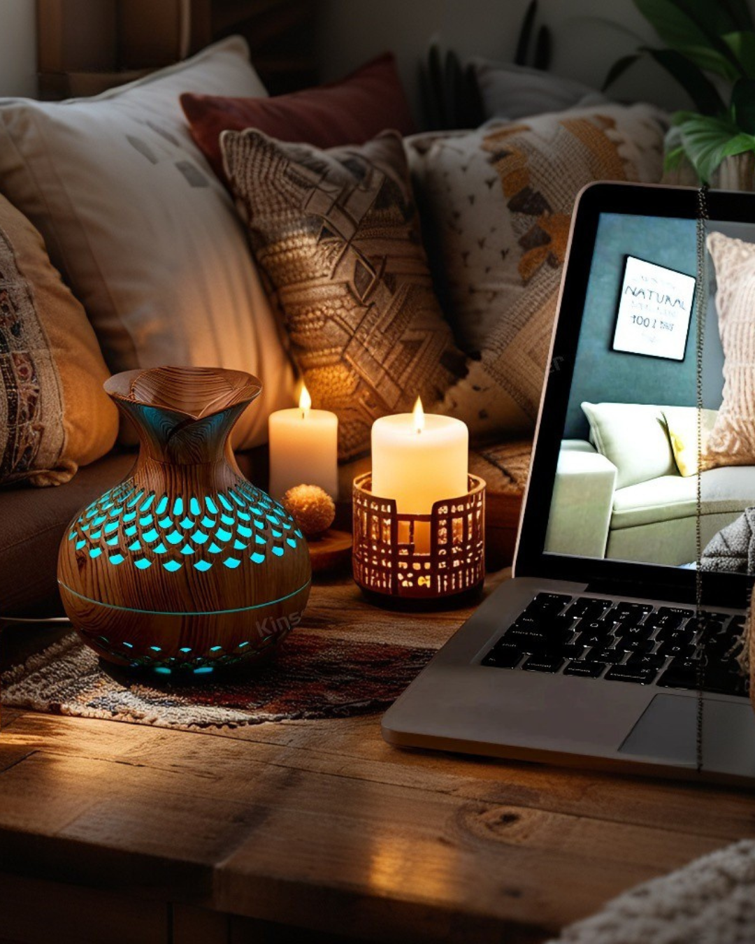 Diffuseur d'aromathérapie portable en bois – Humidificateur à ultrasons 300 ml avec lampe RVB