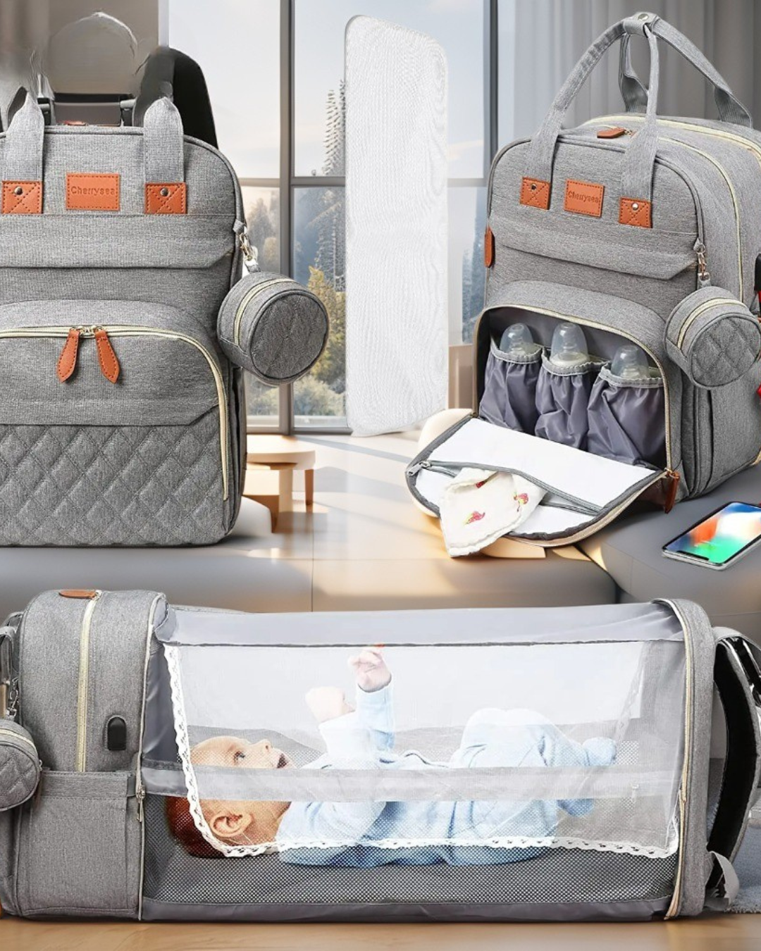 The 3-in-1 Backpack That Will Traform Your Bab's Travels!- Foldable Nappy Backpack,Travel Cot & Changing Station With USB Charger.