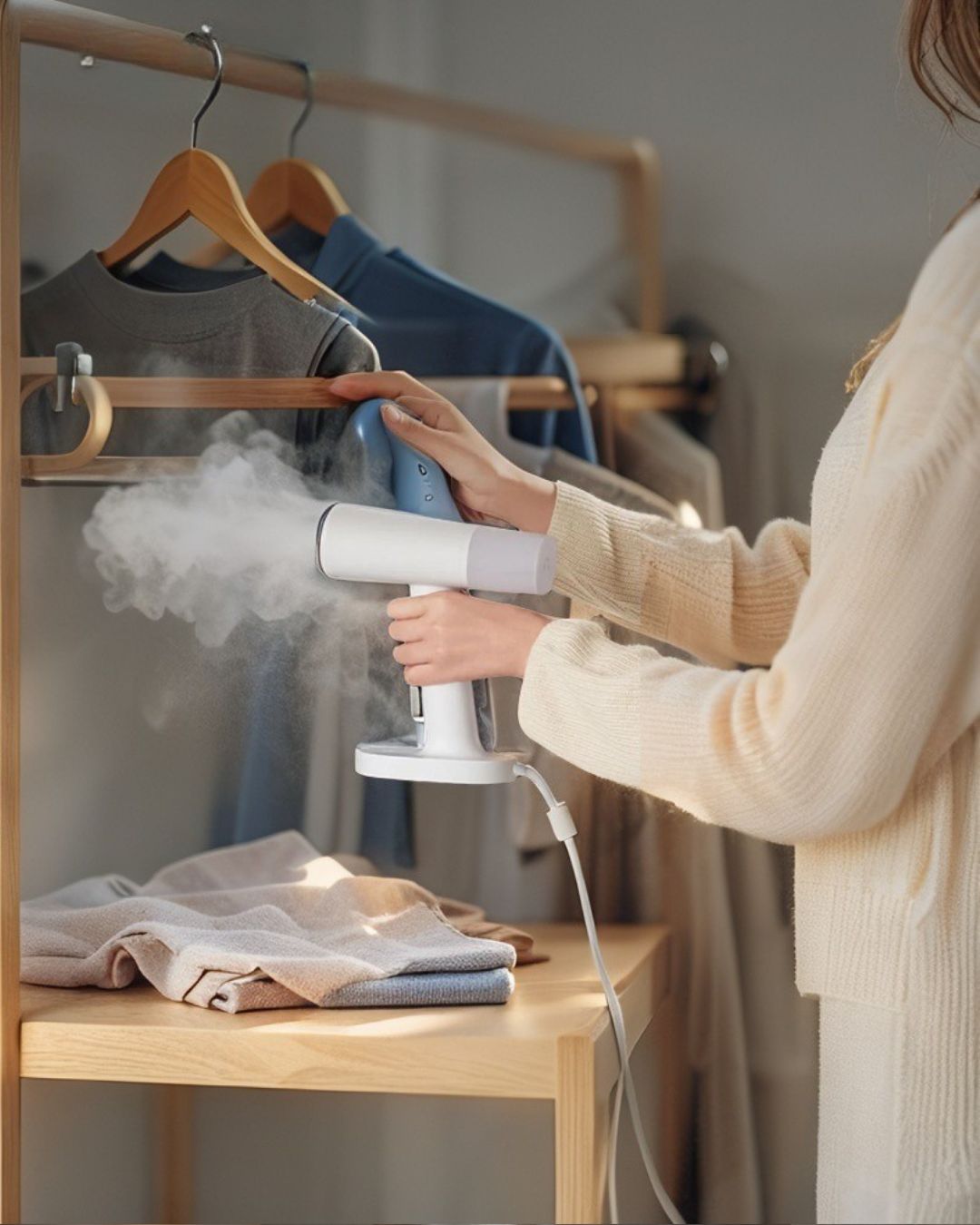 Défroisseur à vapeur portatif intelligent avec suspension électrique et élimination des acariens