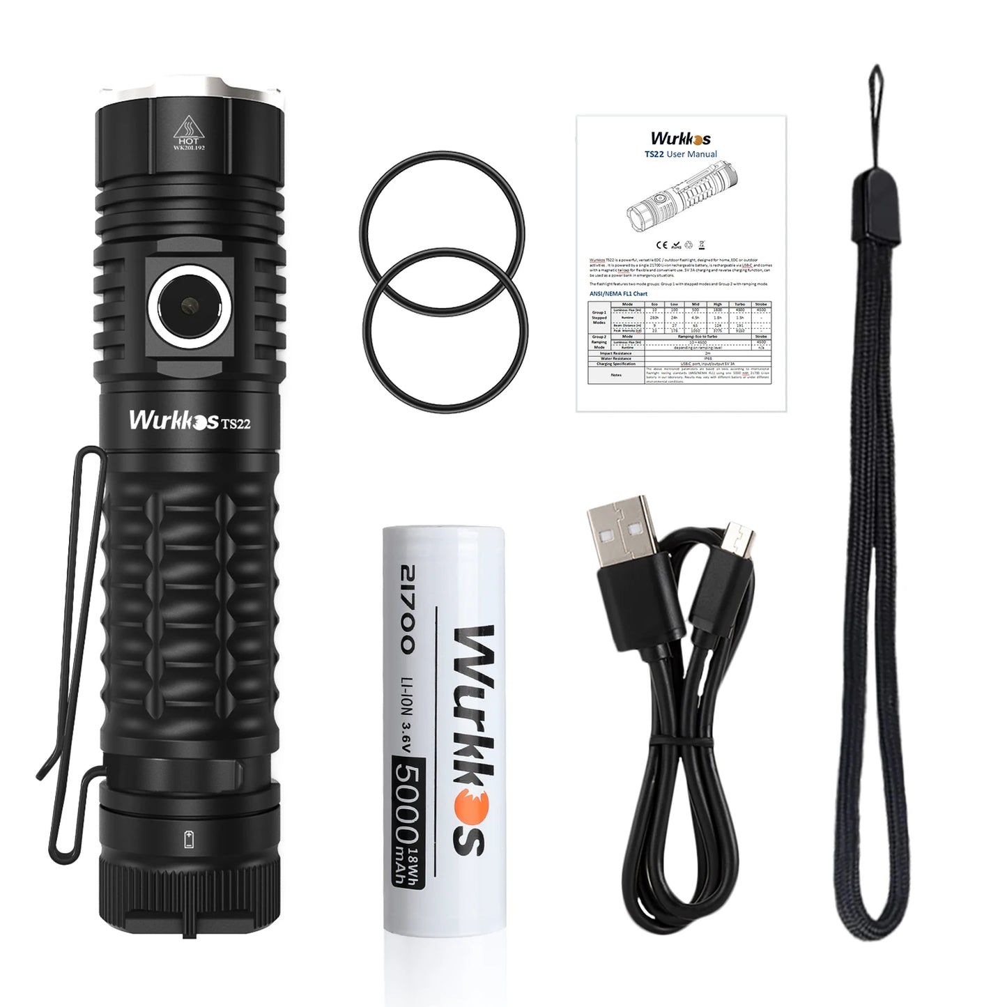 Wurkkos TS22 Rechargeable 21700 LED Flashlight XHP70.2 Powerful Max 4500LM IP68 with Magnet Tail & Reverse Charging for Hiking