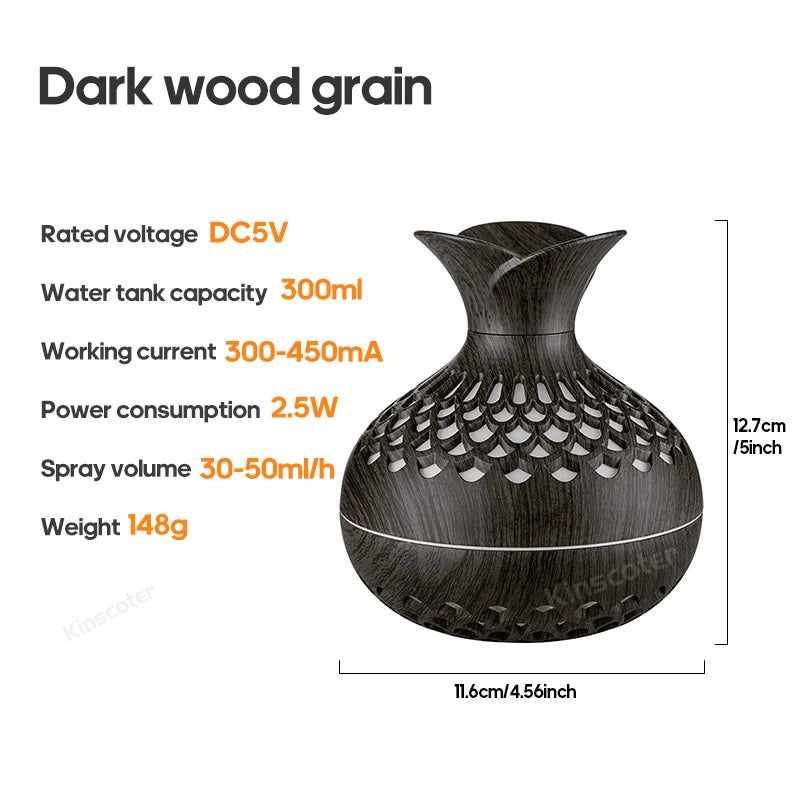 Diffuseur d'aromathérapie portable en bois – Humidificateur à ultrasons 300 ml avec lampe RVB