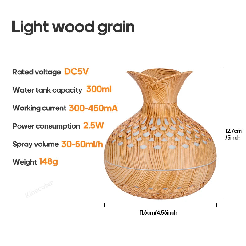 Diffuseur d'aromathérapie portable en bois – Humidificateur à ultrasons 300 ml avec lampe RVB