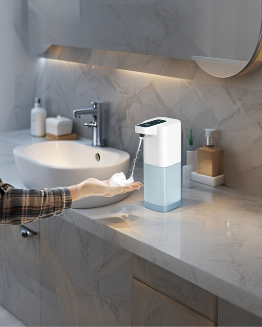 Automatic Soap Dispenser – A smart foam dispenser with a sleek modern design, featuring USB charging for convenience.