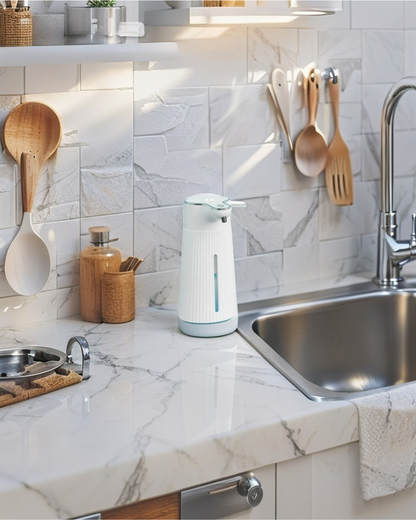 Automatic Soap Dispenser – A smart foam dispenser with a sleek modern design, featuring USB charging for convenience.