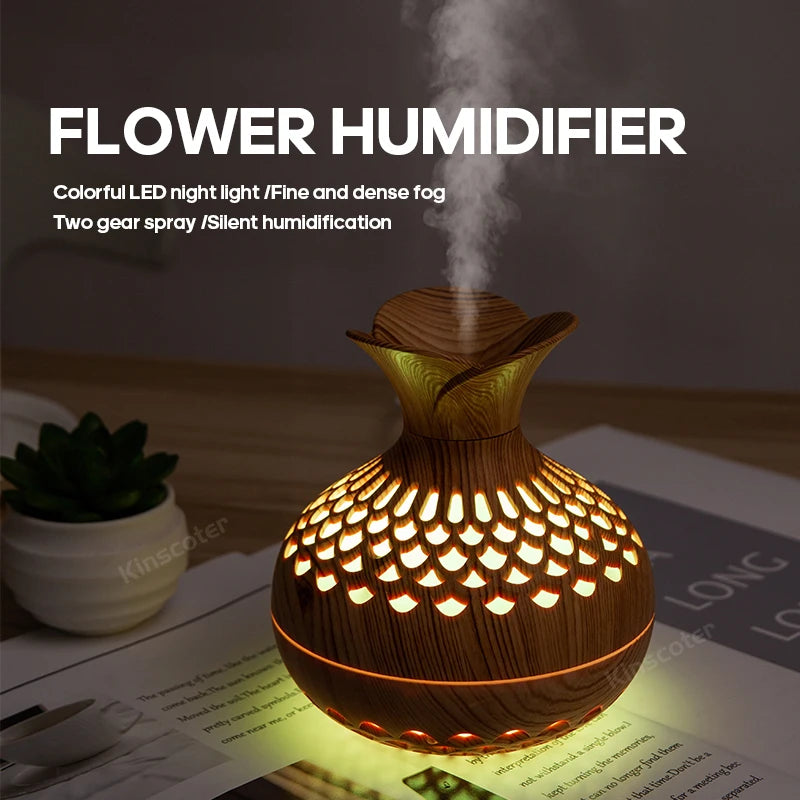 Portable Wooden Aromatherapy Diffuser – 300ml Ultrasonic Humidifier with RGB Lamp